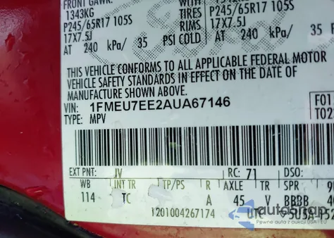 2010 Ford Explorer Eddie Bauer z USA, uszkodzony, nr VIN 1FMEU7EE2AUA67146